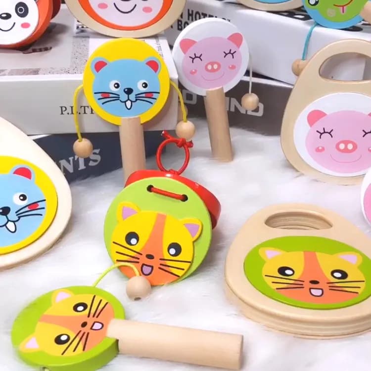 Wooden Cartoon Animal Rattle Drum