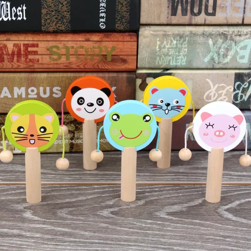 Wooden Cartoon Animal Rattle Drum