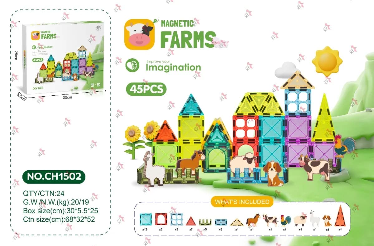 Magnetic Building Tiles – Farm Animals (45 Pcs)