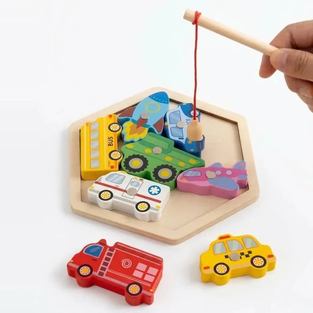 Wooden Magnetic Fishing Vehicle Puzzle (Hexagon Board) — image 1 of 2